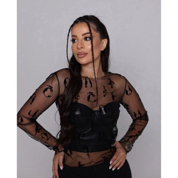Sir Qochar Womens Solid Black Sheer Long Sleeve Top Armenian Rare Nylon Small - Picture 1 of 4